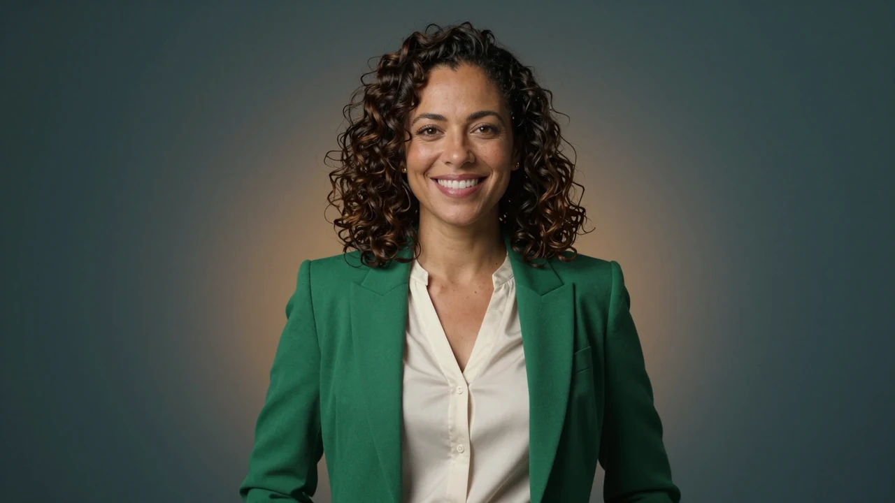Maya Vale, an invented adult woman with dark curls and an emerald blazer